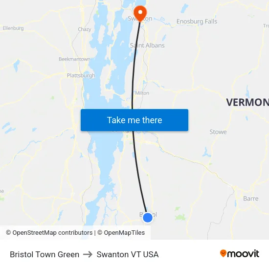 Bristol Town Green to Swanton VT USA map