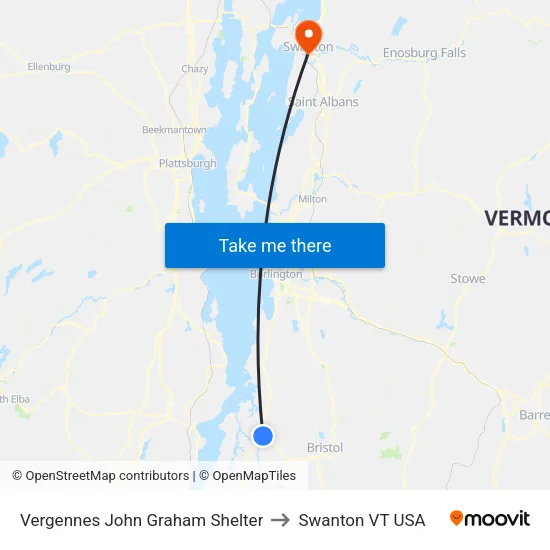 Vergennes John Graham Shelter to Swanton VT USA map