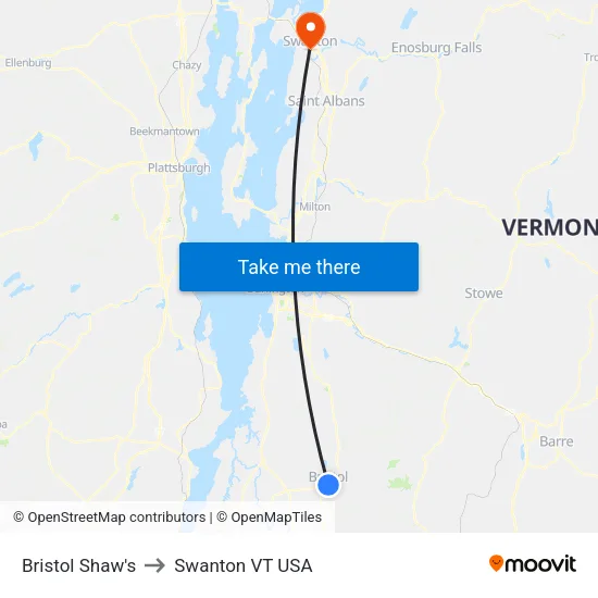 Bristol Shaw's to Swanton VT USA map
