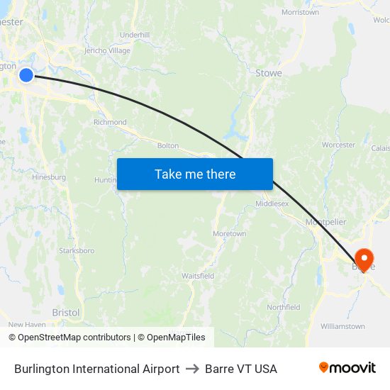 Burlington International Airport to Barre VT USA map