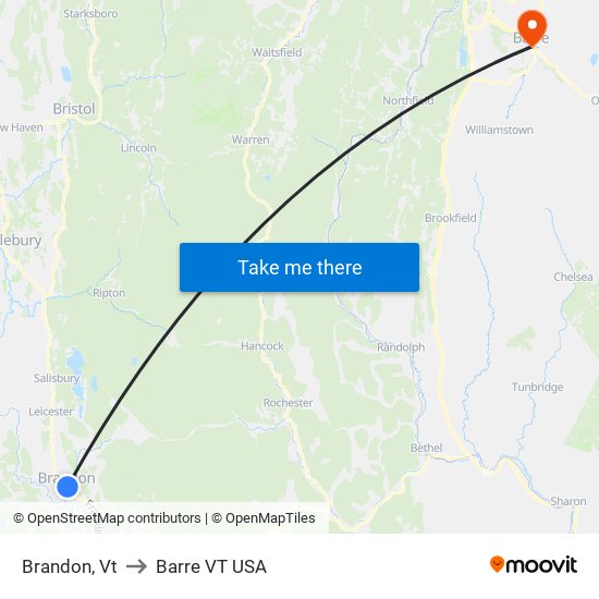 Brandon, Vt to Barre VT USA map