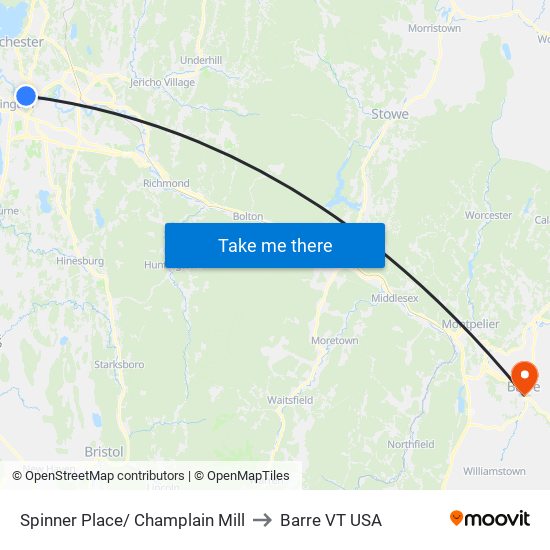 Spinner Place/ Champlain Mill to Barre VT USA map