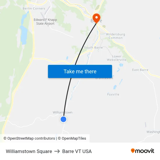 Williamstown Square to Barre VT USA map