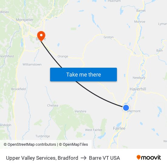 Upper Valley Services, Bradford to Barre VT USA map