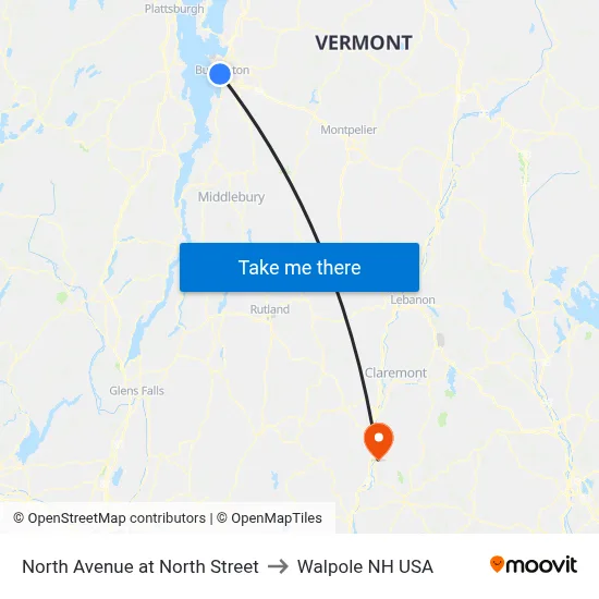 North Avenue at North Street to Walpole NH USA map