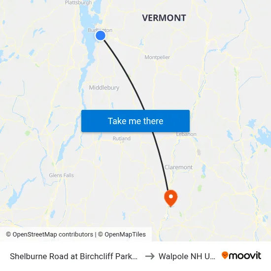 Shelburne Road at Birchcliff Parkway to Walpole NH USA map