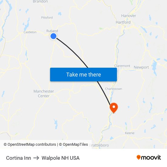 Cortina Inn to Walpole NH USA map