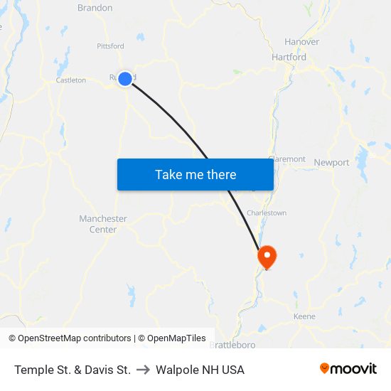 Temple St. & Davis St. to Walpole NH USA map