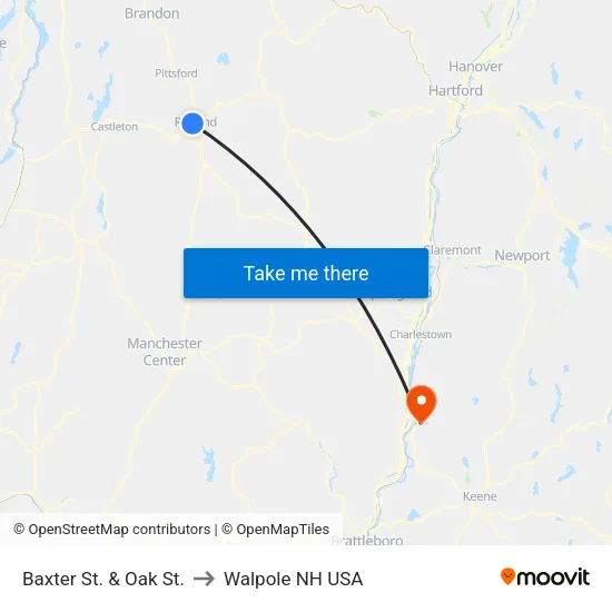 Baxter St. & Oak St. to Walpole NH USA map