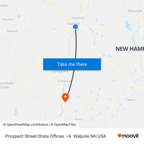 Prospect Street/State Offices to Walpole NH USA map