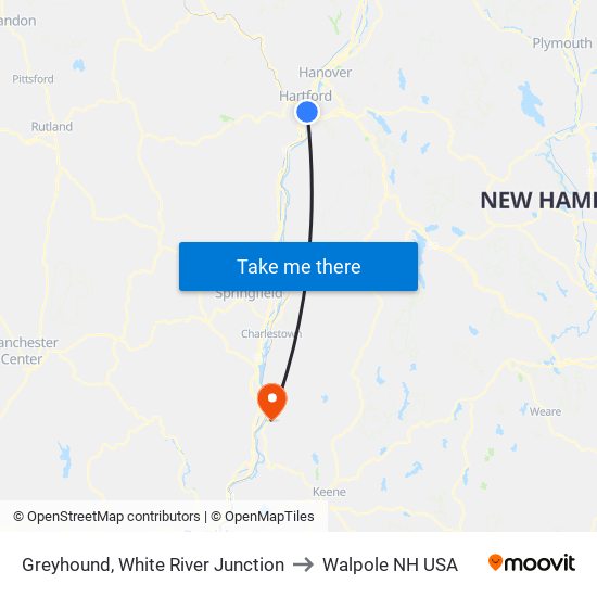 Greyhound, White River Junction to Walpole NH USA map