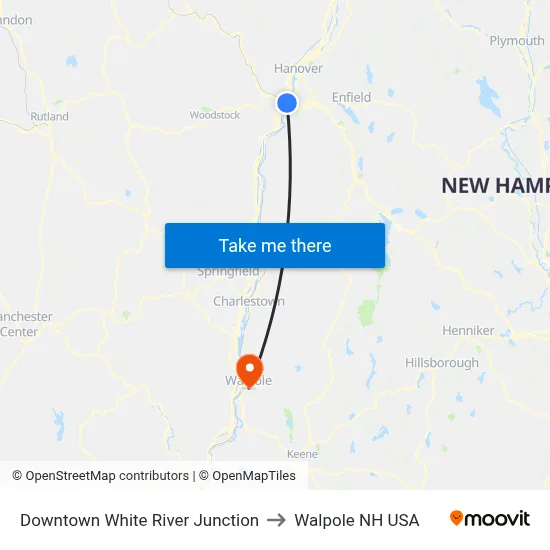 Downtown White River Junction to Walpole NH USA map