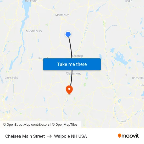 Chelsea Main Street to Walpole NH USA map