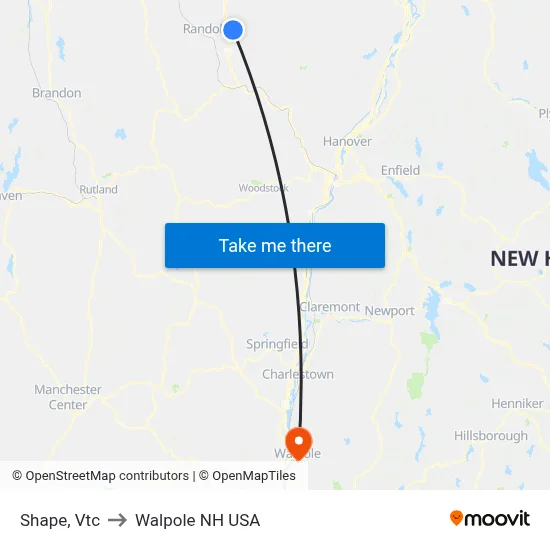 Shape, Vtc to Walpole NH USA map