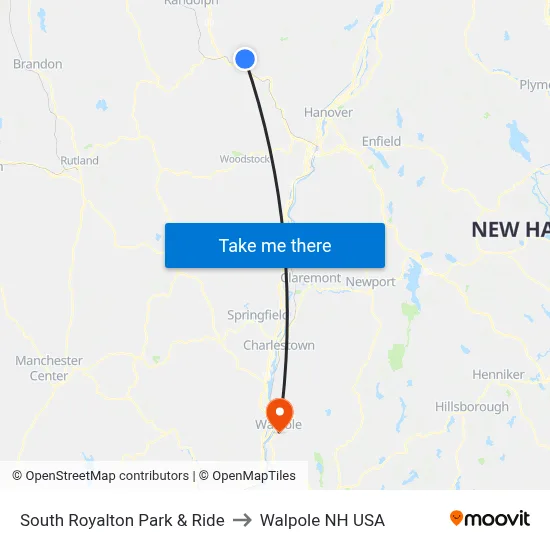South Royalton Park & Ride to Walpole NH USA map