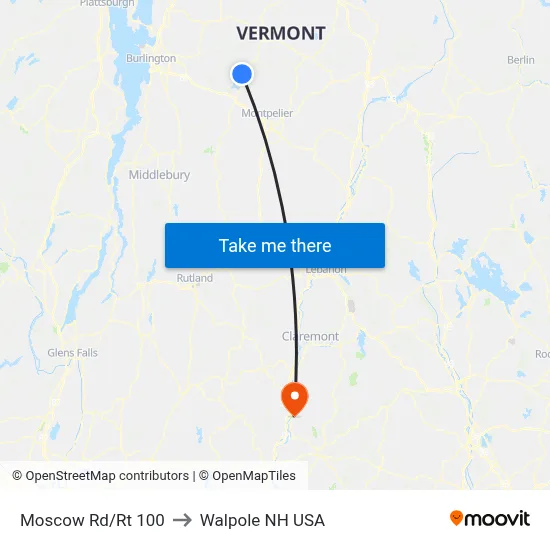 Moscow Rd/Rt 100 to Walpole NH USA map