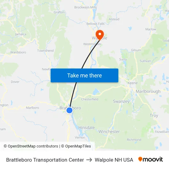 Brattleboro Transportation Center to Walpole NH USA map
