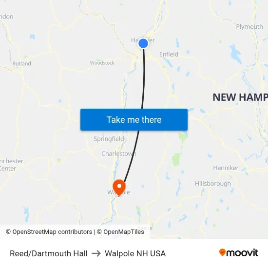 Reed/Dartmouth Hall to Walpole NH USA map