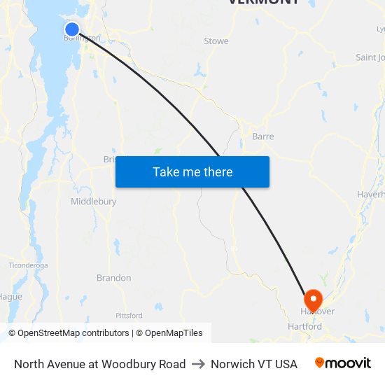 North Avenue at Woodbury Road to Norwich VT USA map