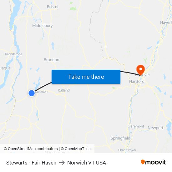 Stewarts - Fair Haven to Norwich VT USA map