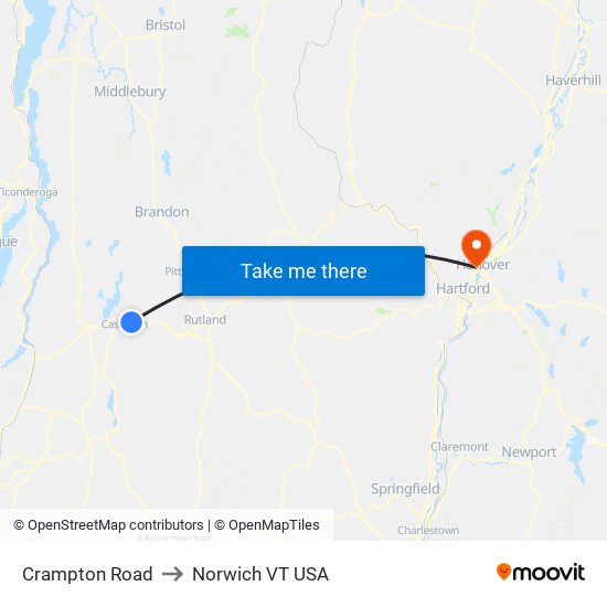 Crampton Road to Norwich VT USA map