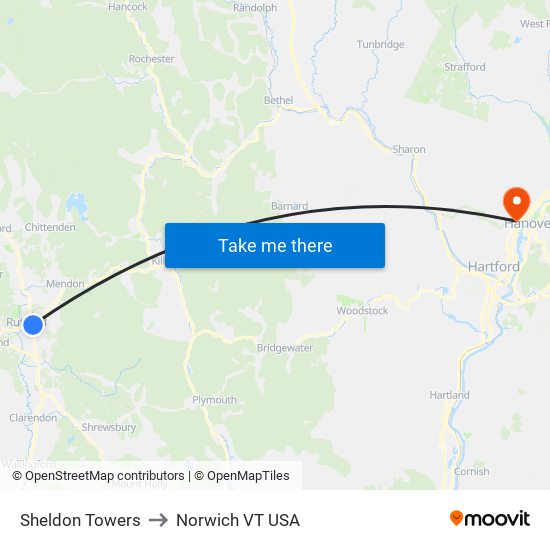 Sheldon Towers to Norwich VT USA map