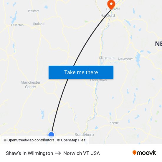 Shaw's In Wilmington to Norwich VT USA map