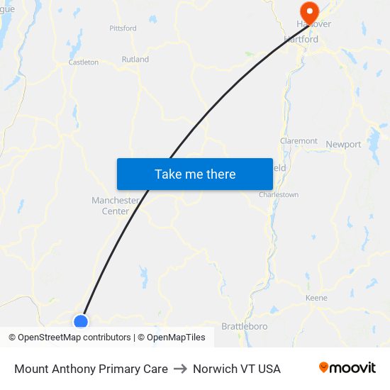 Mount Anthony Primary Care to Norwich VT USA map