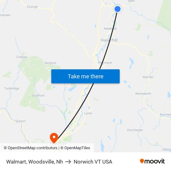 Walmart, Woodsville, Nh to Norwich VT USA map