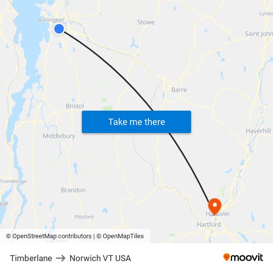 Timberlane to Norwich VT USA map