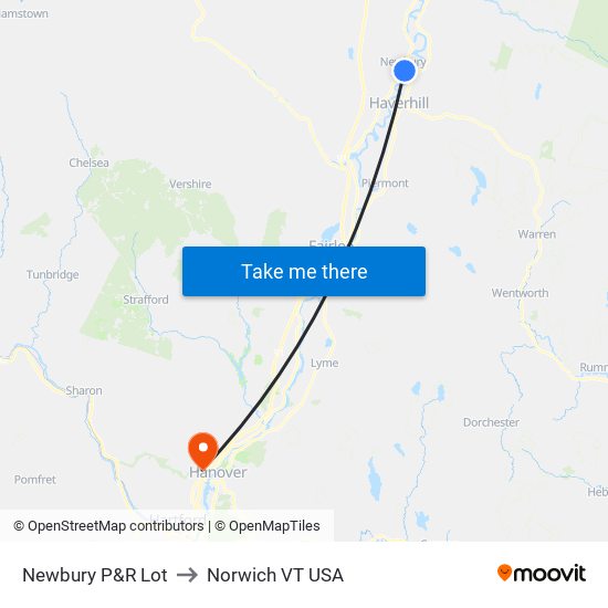 Newbury P&R Lot to Norwich VT USA map