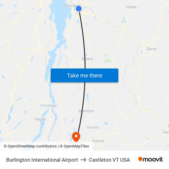 Burlington International Airport to Castleton VT USA map