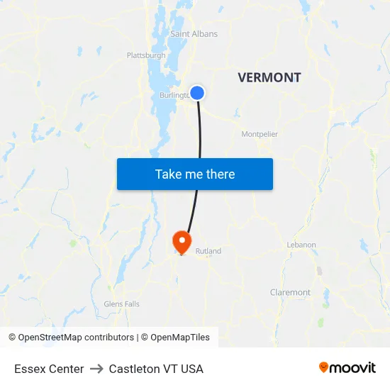 Essex Center to Castleton VT USA map