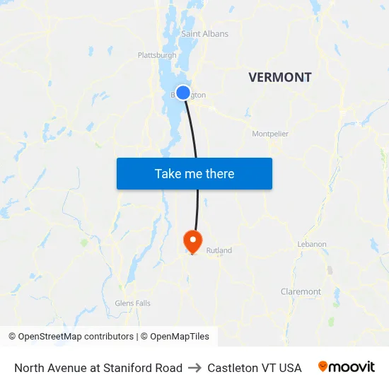 North Avenue at Staniford Road to Castleton VT USA map