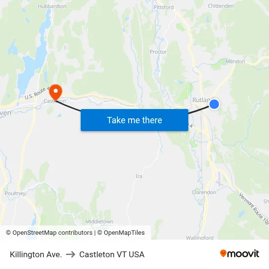 Killington Ave. to Castleton VT USA map