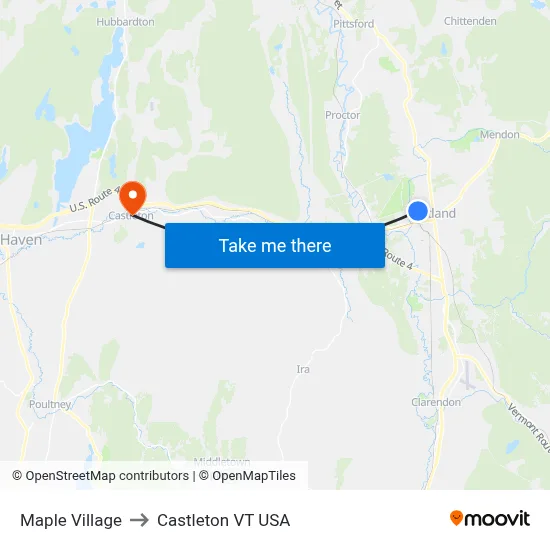 Maple Village to Castleton VT USA map