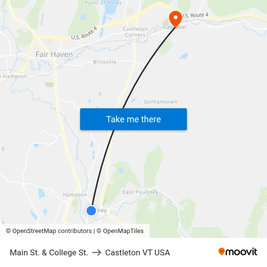 Main St. & College St. to Castleton VT USA map