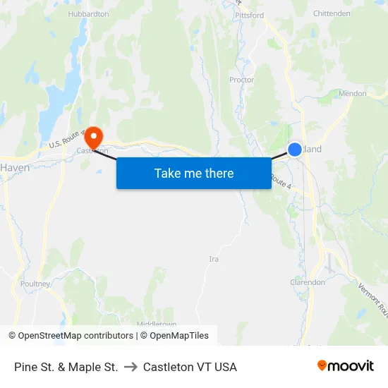 Pine St. & Maple St. to Castleton VT USA map