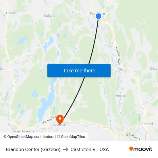 Brandon Center (Gazebo) to Castleton VT USA map