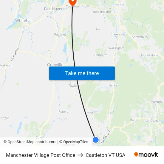 Manchester Village Post Office to Castleton VT USA map
