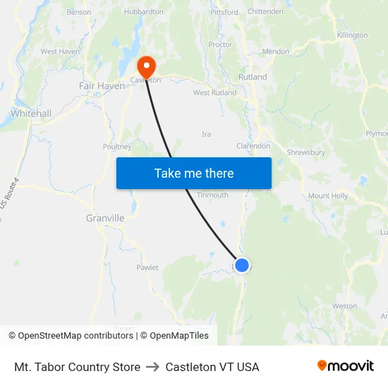 Mt. Tabor Country Store to Castleton VT USA map