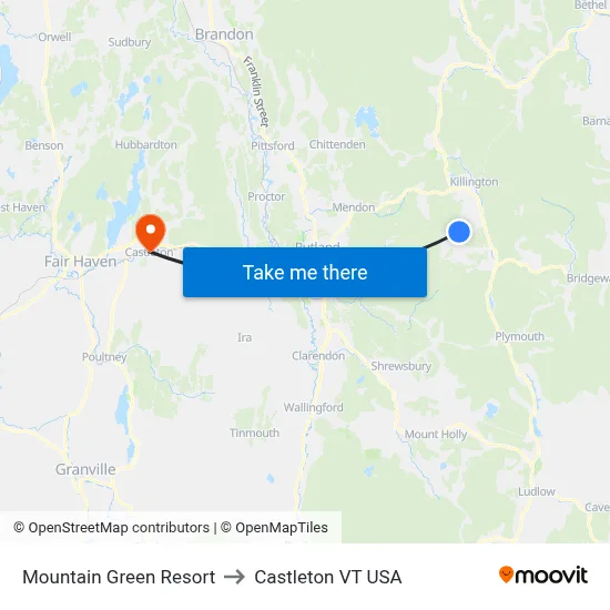Mountain Green Resort to Castleton VT USA map