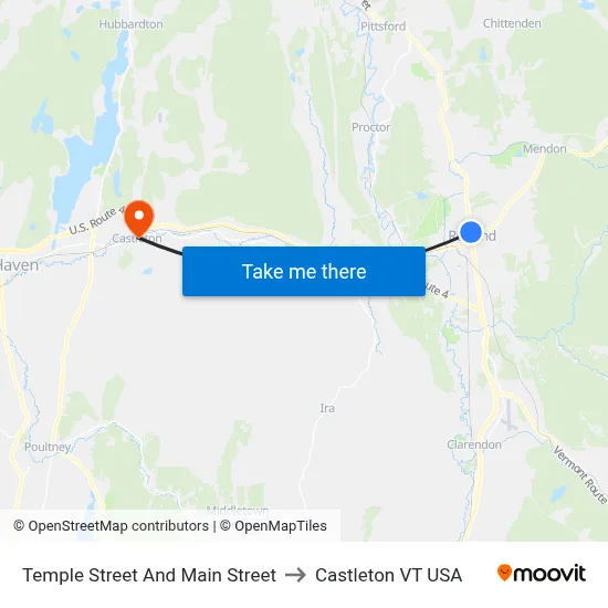 Temple Street And Main Street to Castleton VT USA map