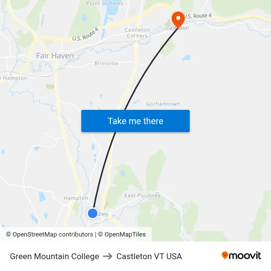 Green Mountain College to Castleton VT USA map