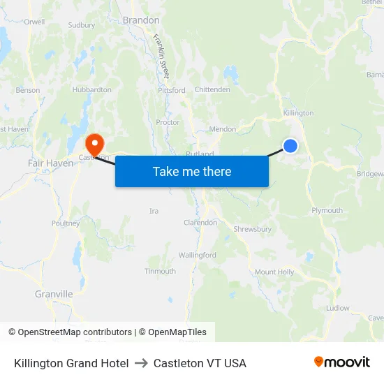 Killington Grand Hotel to Castleton VT USA map