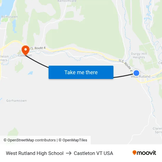 West Rutland High School to Castleton VT USA map