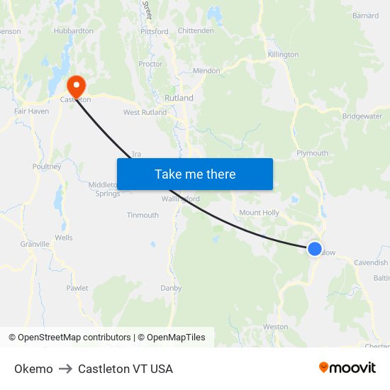 Okemo to Castleton VT USA map