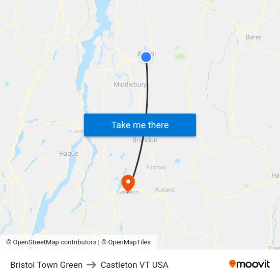 Bristol Town Green to Castleton VT USA map