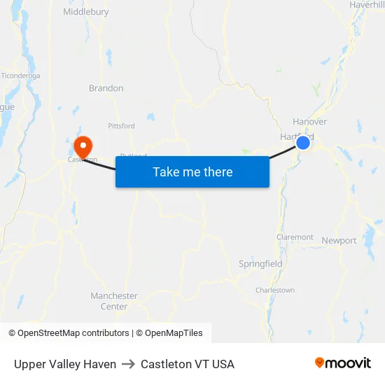Upper Valley Haven to Castleton VT USA map