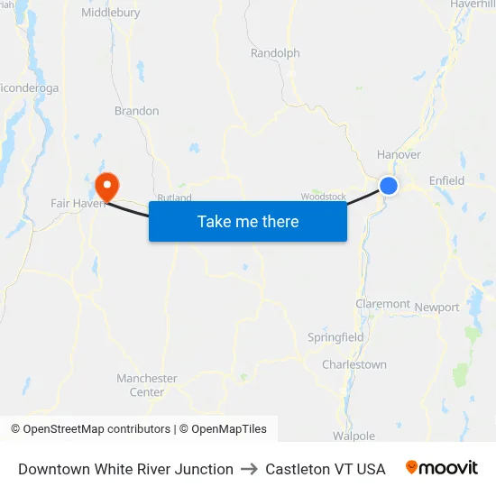 Downtown White River Junction to Castleton VT USA map